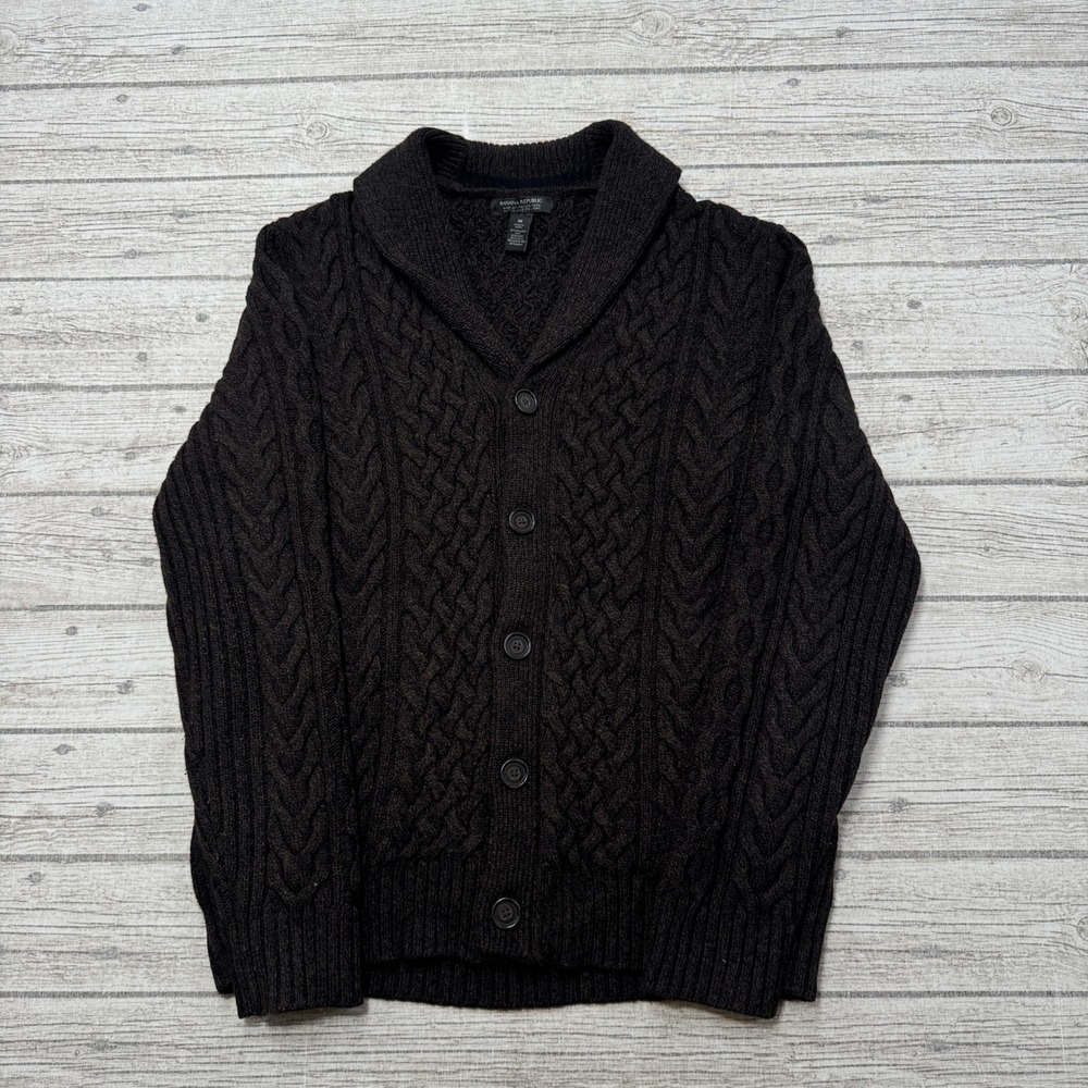 Banana Republic Sweater Mens Medium Brown Italian Wool Cable Knit Cardigan Shawl